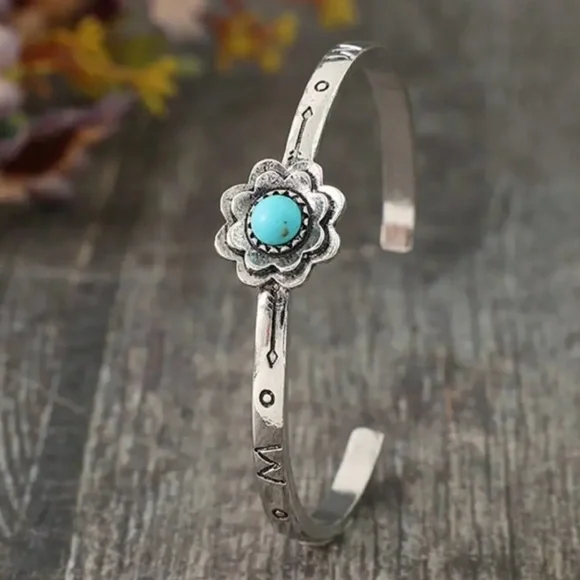Silver Plated Floral Boho Bracelet with Turquoise Accent - Picture 4 of 5